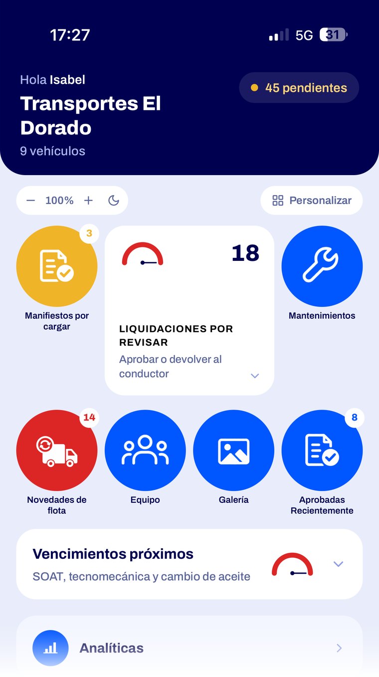 Pantalla de inicio de Rutta: manifiestos por cargar, liquidaciones por revisar y novedades de flota