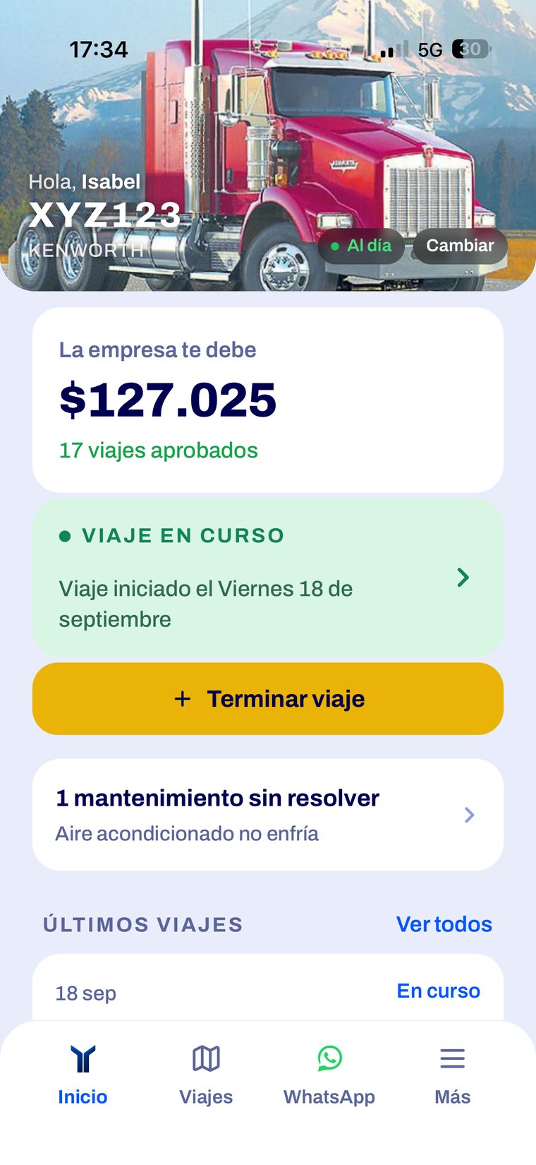 Pantalla de inicio del conductor: lo que la empresa le debe, el viaje en curso y sus mantenimientos