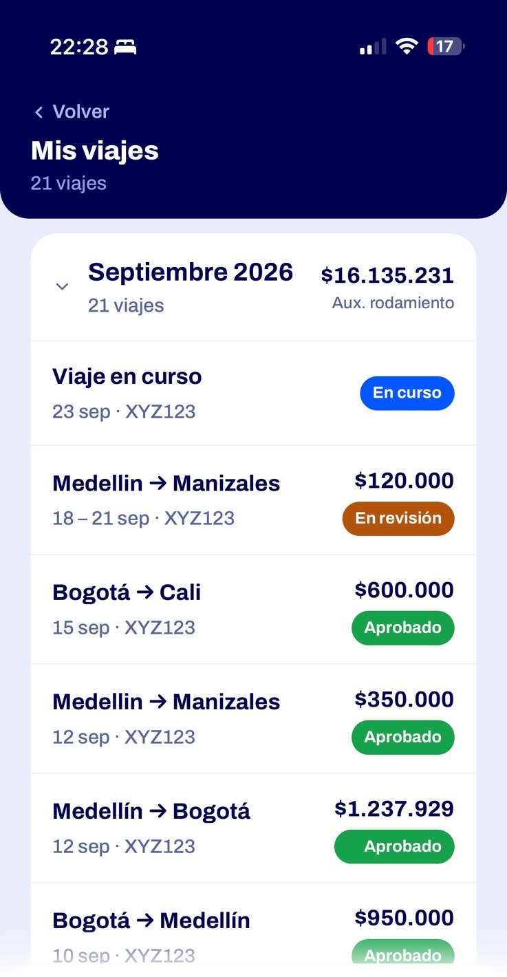 Listado de viajes del conductor, con su estado y su valor